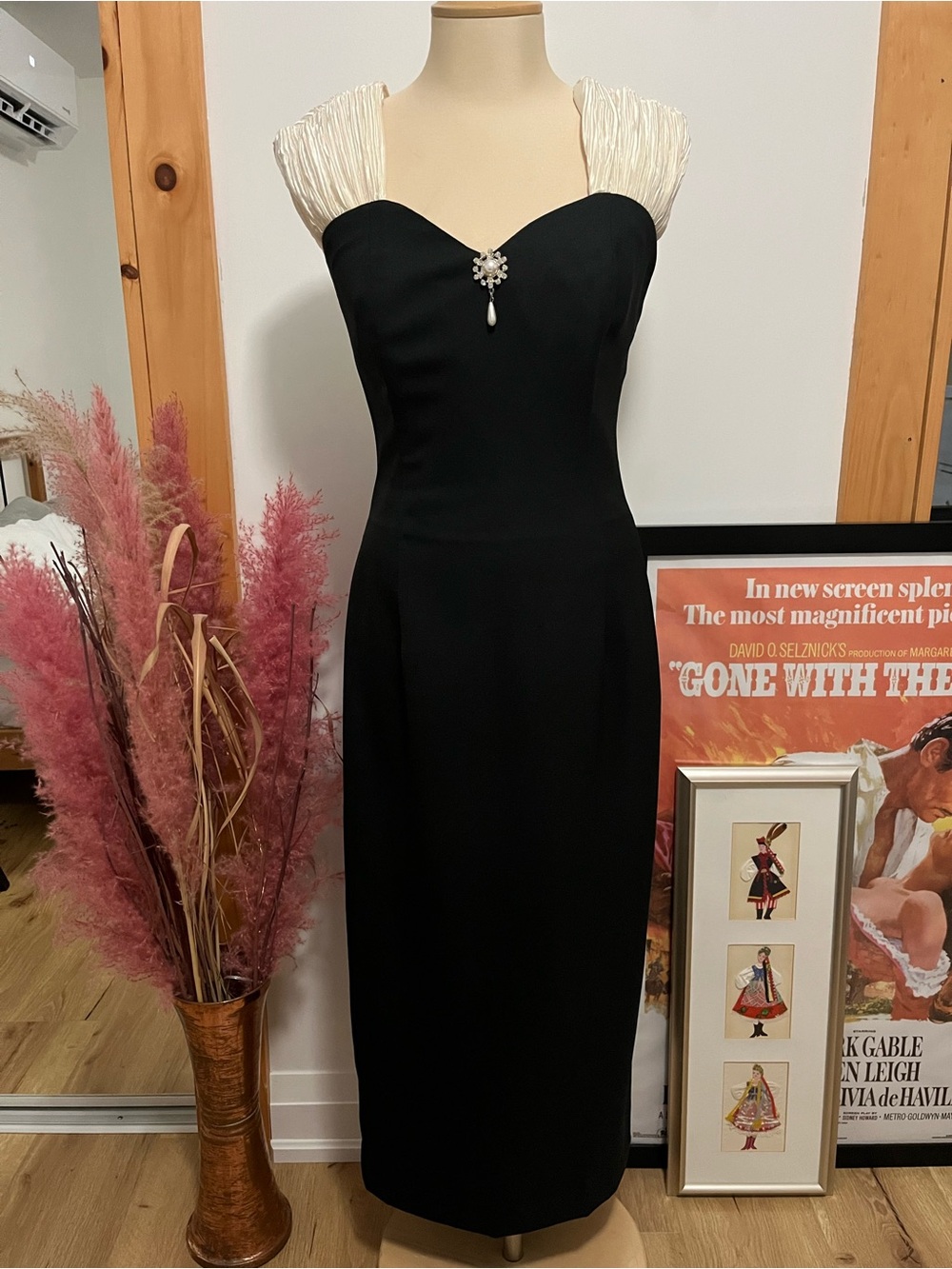 Vintage Elegant Black Cocktail Dress with Ivory Pleated Shoulders
